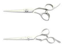 Load image into Gallery viewer, Superlative level Blunt/Dry cut Hitachi forged ATS314 440c Cobalt steel Convex edge and offset handle Covered Limited lifetime warranty Available 5.5"/6.0"/6.5"/7.0" Made in Japan professional premium stainless steel swirvel new york authentic handmade sharpening ergonomic design drycut hair salon barbershop shears